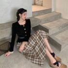 Long-sleeve Scalloped Knit Top / Plaid Midi A-line Skirt