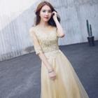 Lace Panel Elbow Sleeve Prom Dress