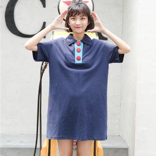 Short-sleeve Contrast-button Mini Polo Dress Blue - One Size