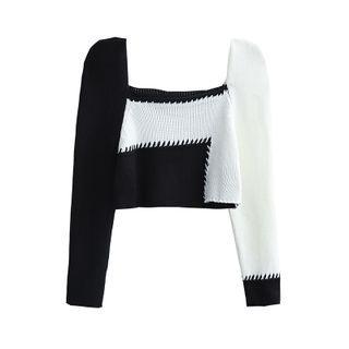 Square-neck Two-tone Knit Top Black & White - One Size