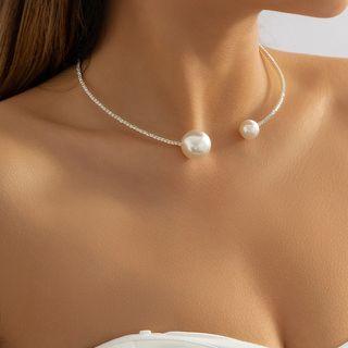 Faux Pearl Rhinestone Alloy Necklace 5179 - Silver - One Size