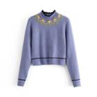 Mock-neck Floral Embroidered Sweater