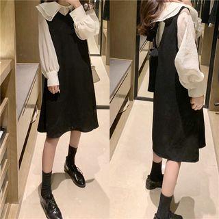 Set: Ruffle Long-sleeve Loose-fit Blouse + Sleeveless Dress As Figure - One Size