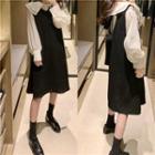 Set: Ruffle Long-sleeve Loose-fit Blouse + Sleeveless Dress As Figure - One Size