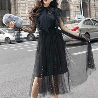 Set: Long-sleeve Ruffle-trim Midi A-line Dress + Slipdress
