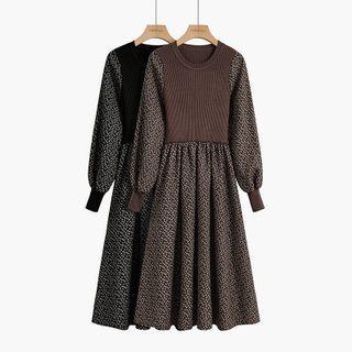 Knit Panel Floral Midi A-line Dress