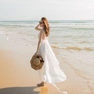 Spaghetti Strap Open-back Fringed Maxi A-line Dress