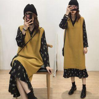 Set: Long-sleeve Flower Print Midi Shift Dress + V-neck Knit Overall Dress