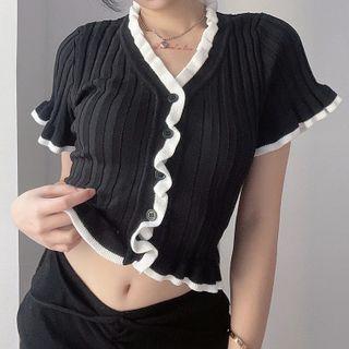 Flared-sleeve Ruffle Button-through Trim Top