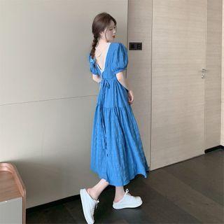 Puff-sleeve Embellished Open-back A-line Midi Dress