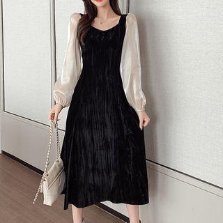 Panel Sleeve Pleuche Midi Dress