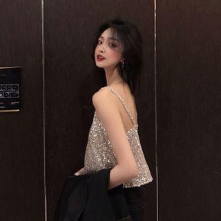 Sequined Cropped Camisole Top Silver - One Size