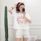 Set: Round-neck Lettering Top + Sweat Shorts