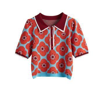 Short-sleeve Jacquard Polo Knit Top Red - One Size