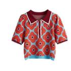 Short-sleeve Jacquard Polo Knit Top Red - One Size