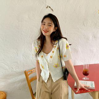Flower Embroidery Knit Cardigan Ivory - One Size