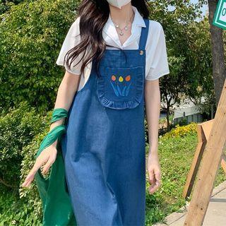 Short-sleeve Shirt / Denim Midi Overall Dress / Set