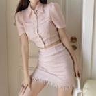Button-up Puff-sleeve Top / Frayed Pencil Skirt