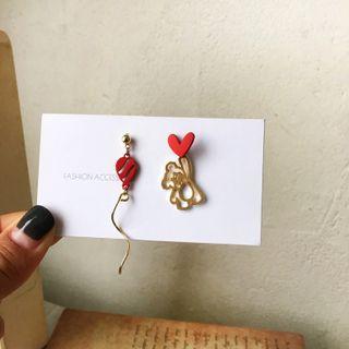 Bear & Balloon Asymmetrical Alloy Dangle Earring 1 Pair - S925 Silver Earring - Gold & Red - One Size