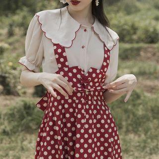 Set: Contrast Trim Blouse + Dotted A-line Pinafore Dress