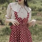Set: Contrast Trim Blouse + Dotted A-line Pinafore Dress