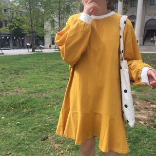 Long-sleeve A-line Ruffle Hem Dress
