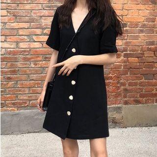 Short-sleeve Buttoned Mini Dress Black - One Size