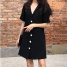 Short-sleeve Buttoned Mini Dress Black - One Size