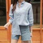 3/4-sleeve Check Linen Shirt