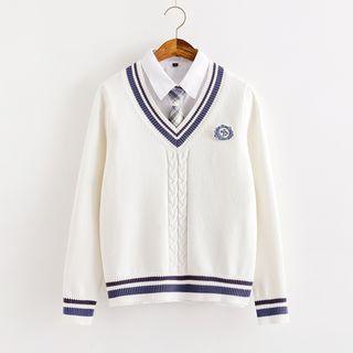 Contrast Trim V-neck Sweater With Embroidered Applique