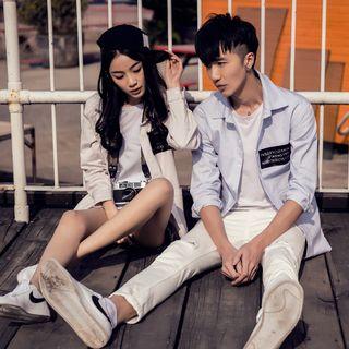 Long-sleeve Applique Pinstripe Couple Shirt