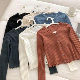Plain Single-breasted V-neck Ruffled-trim Knit Top