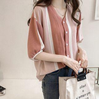 Color Panel Striped Semi Sleeve Shirt