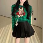 Cat Embroidered Argyle Cropped Sweater Green - One Size