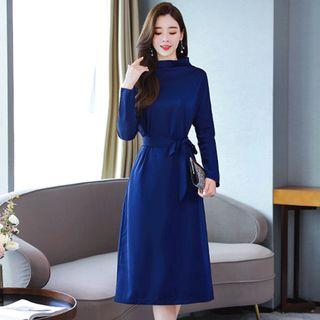 Long-sleeve Sashed Midi A-line Dress