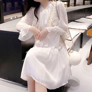 Set: Checked Vest + Flared-sleeve A-line Dress