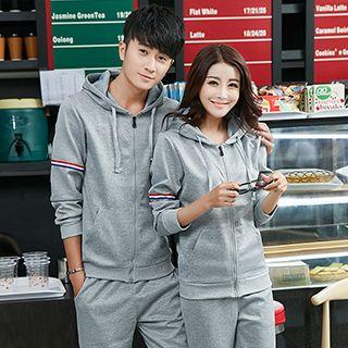 Couple Matching Set: Striped Hooded Zip Jacket + Jogger Pants