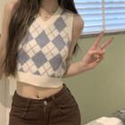 Argyle Print Knit Sweater Vest Blue & White - One Size