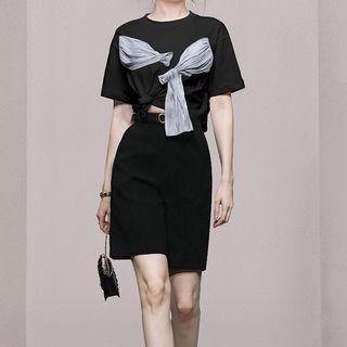 Set: Asymmetrical Short-sleeve Shirred Crop T-shirt + Shorts
