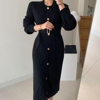 Long-sleeve Round Neck Single Breasted Slim Fit Knit Midi Dress
