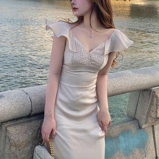 V-neck Ruffle Trim Smocked Chiffon Midi Dress