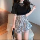 Short-sleeve Lace Blouse / Patterned Mini A-line Skirt