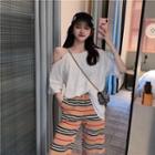 Plain Off-shoulder Elbow-sleeve T-shirt White - Top - One Size