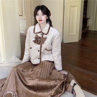 Bow Padded Jacket / Pleated Midi Skirt