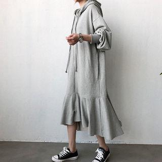 Ruffle-hem Zip-up Long Hoodie Dress