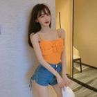 Spaghetti Strap Bow Knit Top / Lace-up Denim Hot Pants