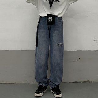 Washed Straight-leg Jeans With Lettering