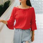 3/4-sleeve Cold Shoulder Ruffled Top Red - One Size