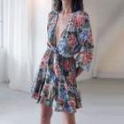 3/4-sleeve V-neck Floral Print Mini A-line Dress
