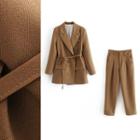 Plain Tie-waist Blazer / Straight-cut Dress Pants / Set
